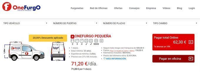 Alquiler furgoneta pequeña en OneFurgo