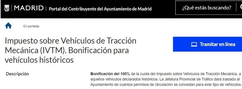 Ayuntamiento Madrid bonificacion 100% vehículos históricos