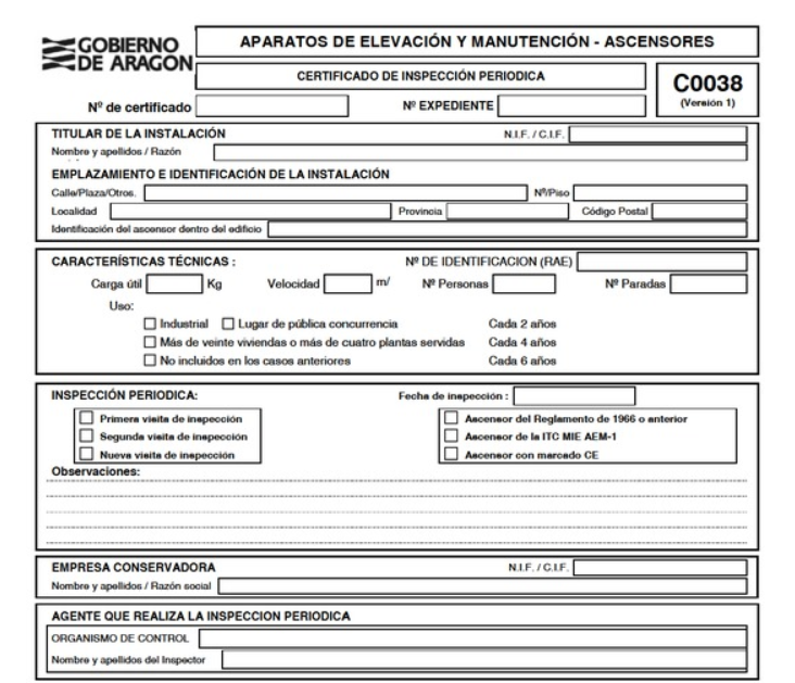 Certificado de inspección periódica de ascensores en Aragón