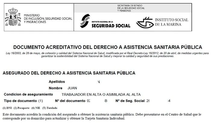 Confirmación DAS derecho asistencia sanitaria pública