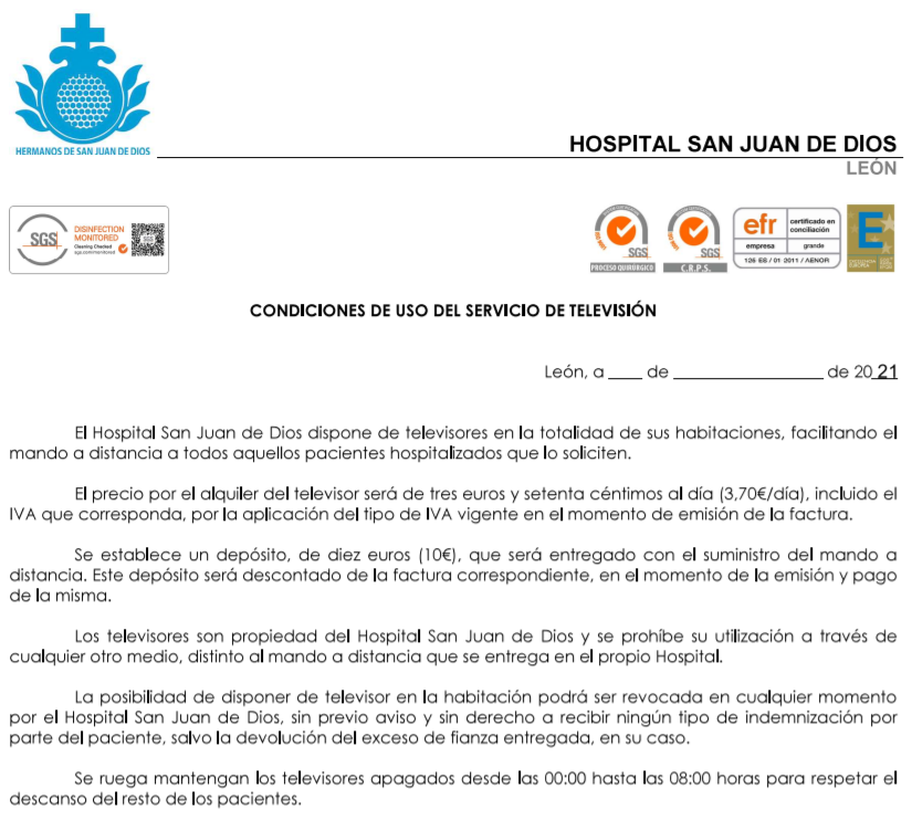 Coste tv de pago Hospital San Juan de Dios León