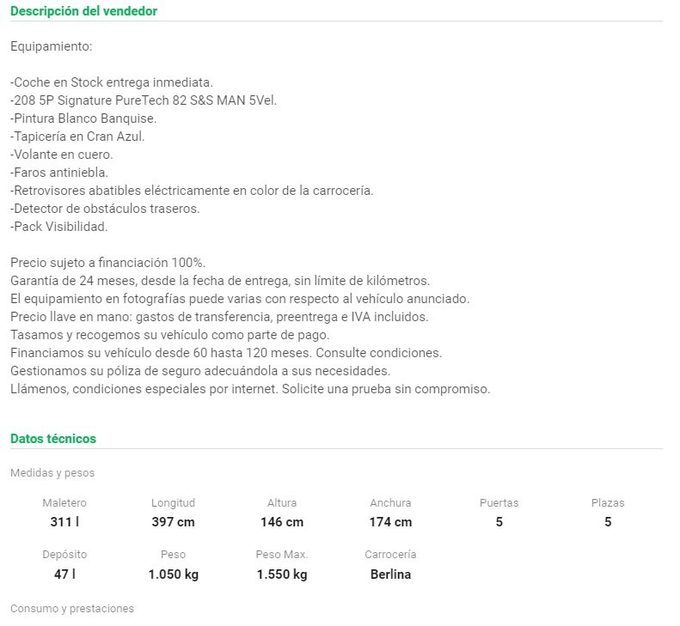 Descripción del vendedor y datos técnicos