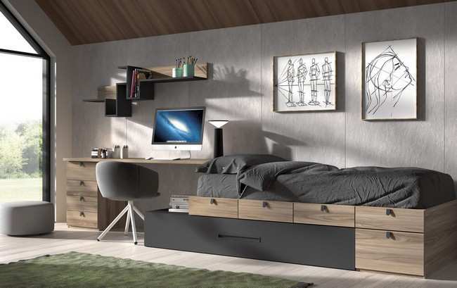 Dormitorio juvenil moderno con cama nido y zona de estudio integrada