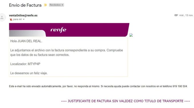 Factura Renfe en el mail