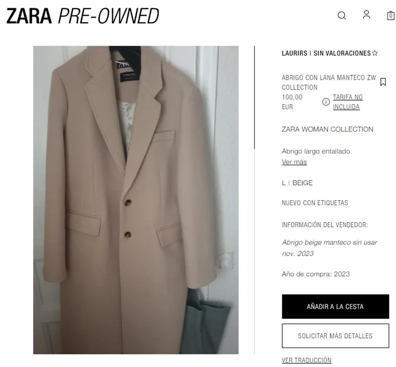Ficha completa de abrigo en venta en Zara Pre Owned
