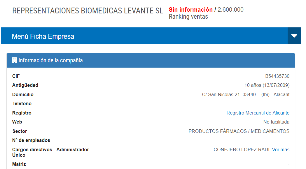Ficha de Representaciones Biomédicas Levante, S.L. (Infocif)