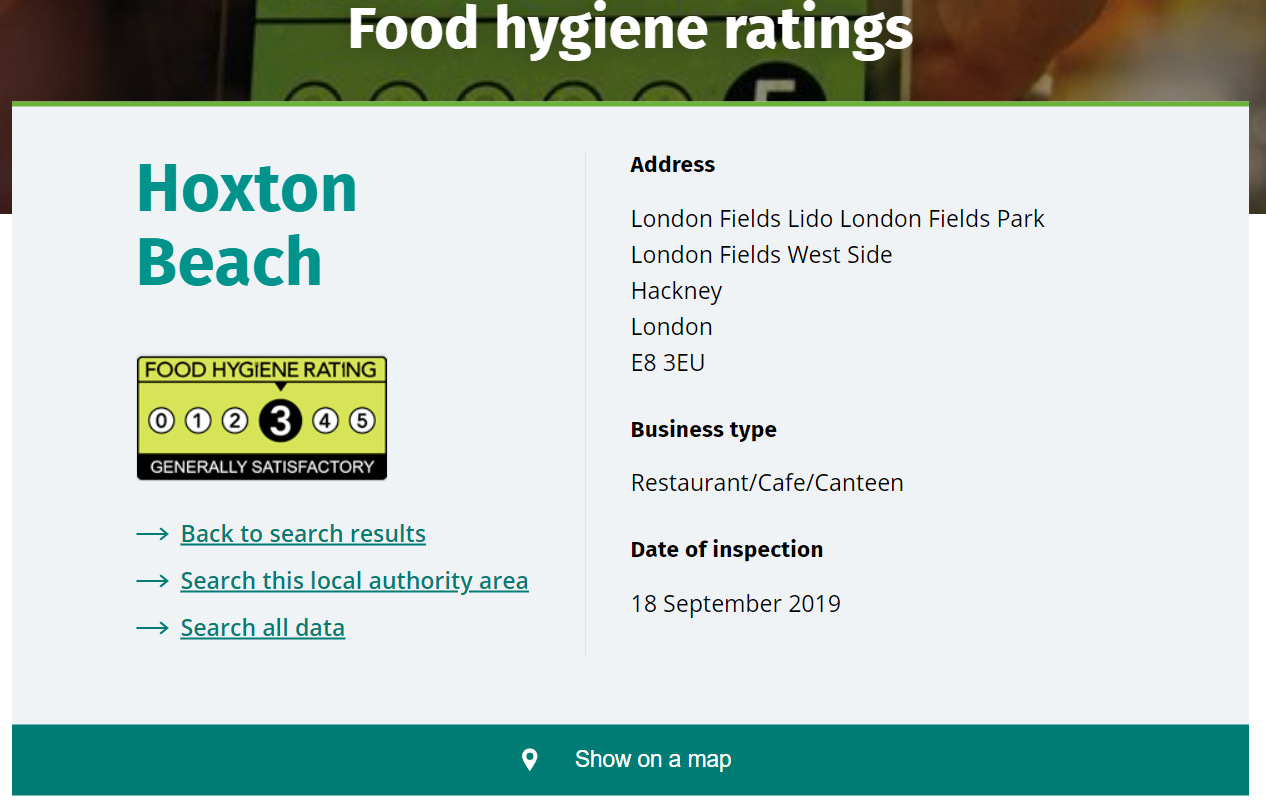 Ficha de higiene del restaurante Hoxton Beach en Londres