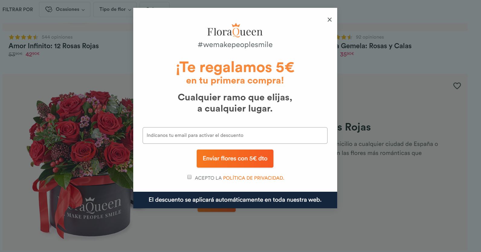 FloraQueen te regala 5 euros en tu primer pedido. Y por San Valentín, portes gratis