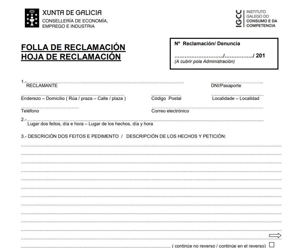 Folla de reclamación hoja de reclamación Galicia IGCC
