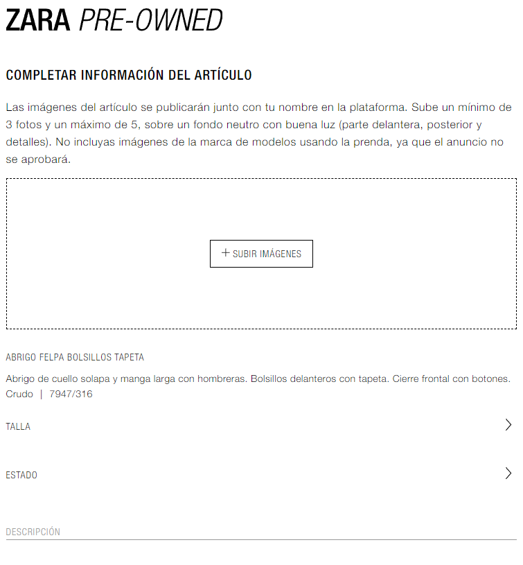 Formulario del producto Zara pre-owned
