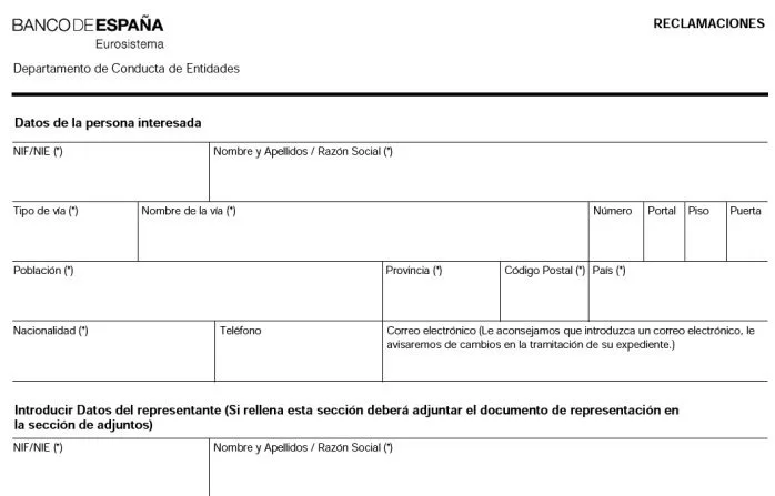 Formulario reclamación Banco de España