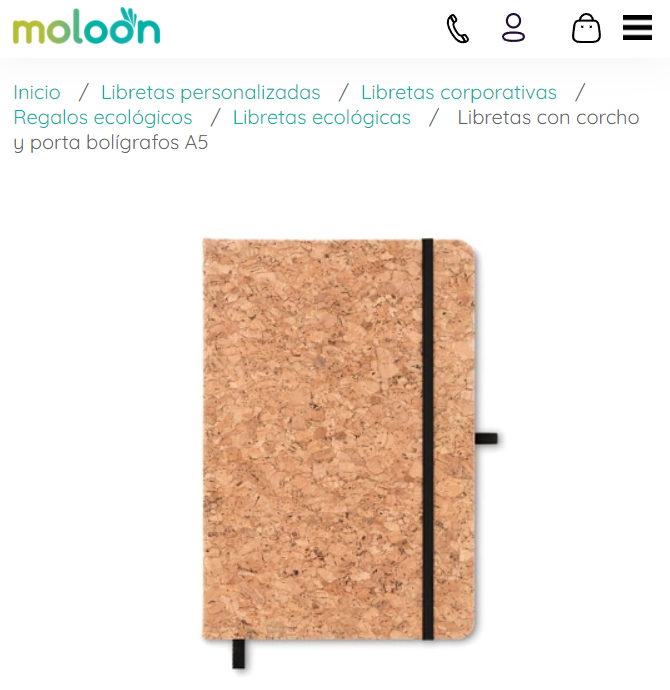 Libreta ecológica con tapas de corcho y porta bolígrafos A5 de Moloon