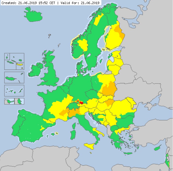 Meteoalarm. Situación Europa a 21 06 2019