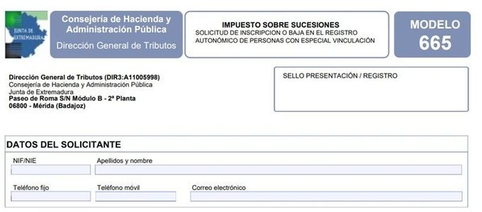 Modelo 665 Extremadura datos del solicitante