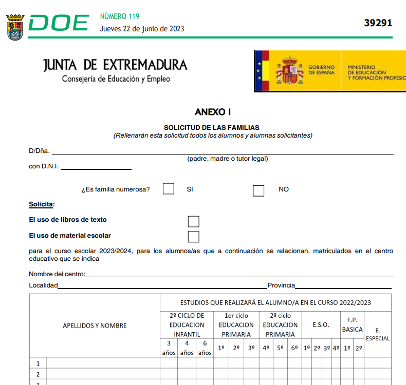 Modelo solicitud libros de texto gratis Extremadura