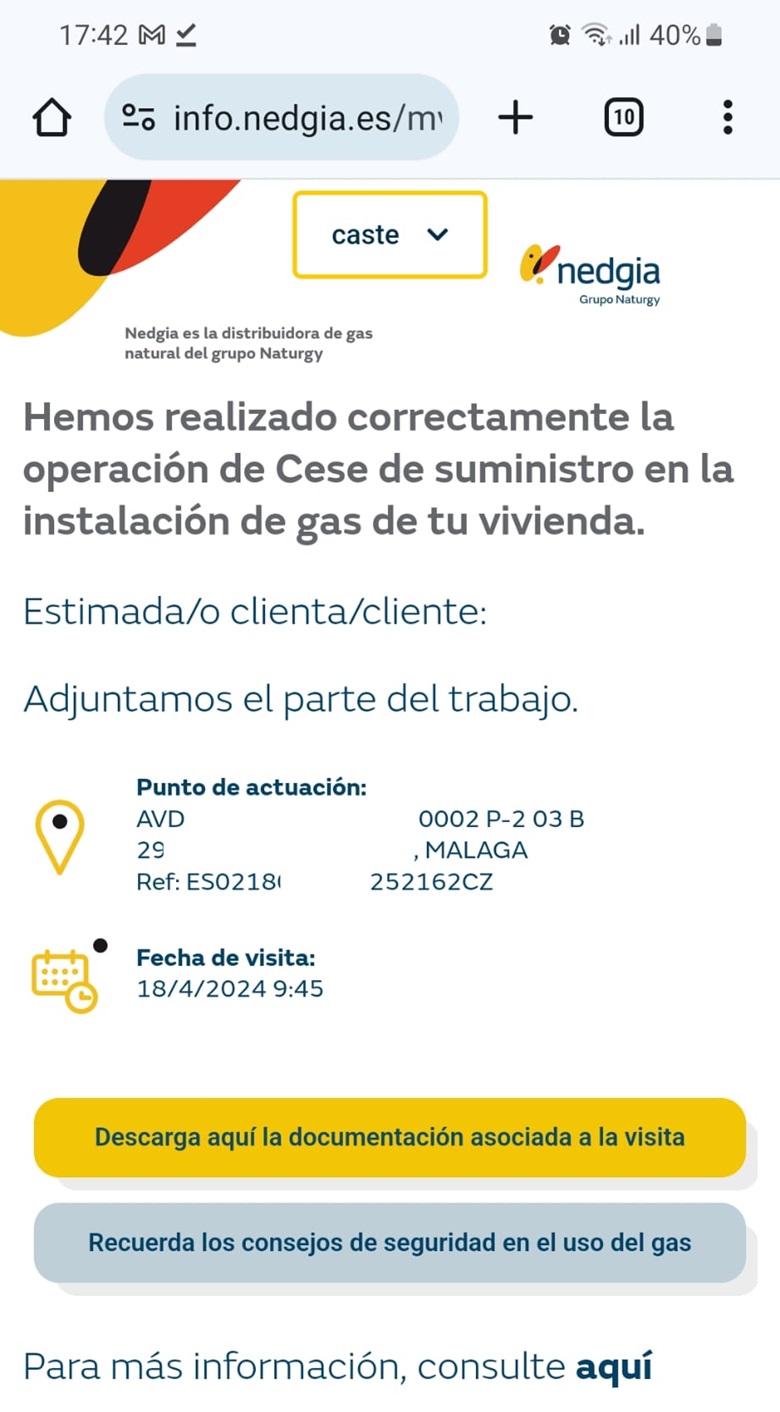 Nedgia dar de baja gas Parte de trabajo