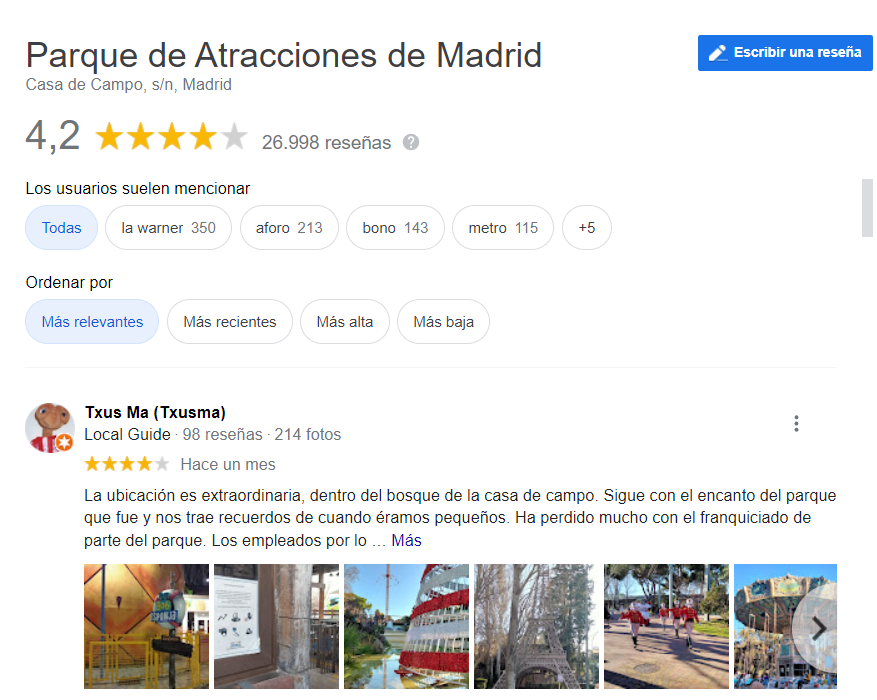 Opiniones Parque de atracciones Madrid Google