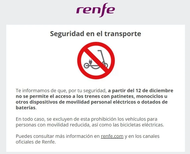 Prohibición de patinetes eléctricos en trenes Renfe