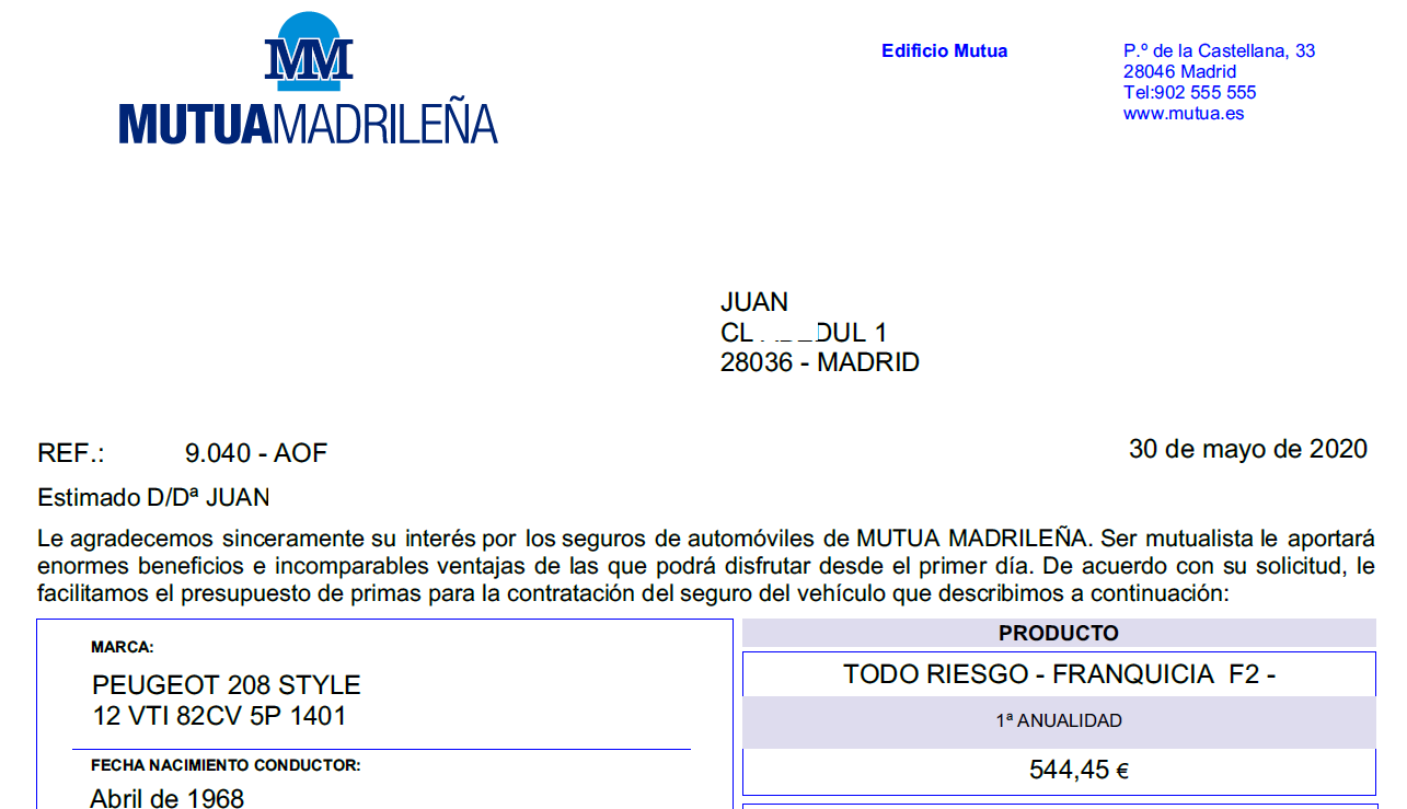 Propuesta de seguro Mutua Madrileña