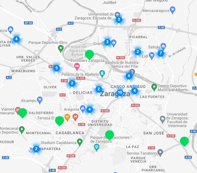 Puntos de recarga eléctrica en el centro de Zaragoza (OPME junio 2023)