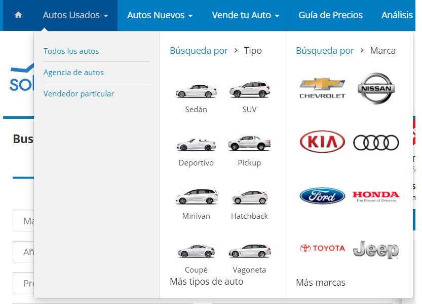 Soloautos.mx menu de navegación web