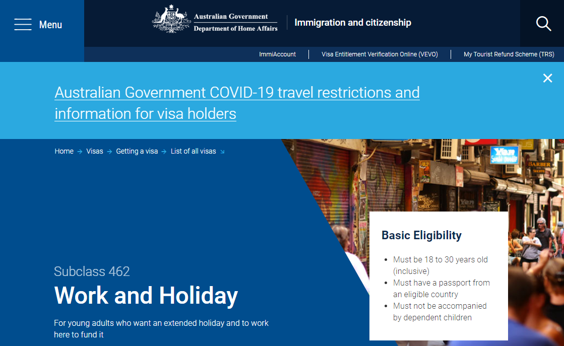 Visado Work and Holiday Australia