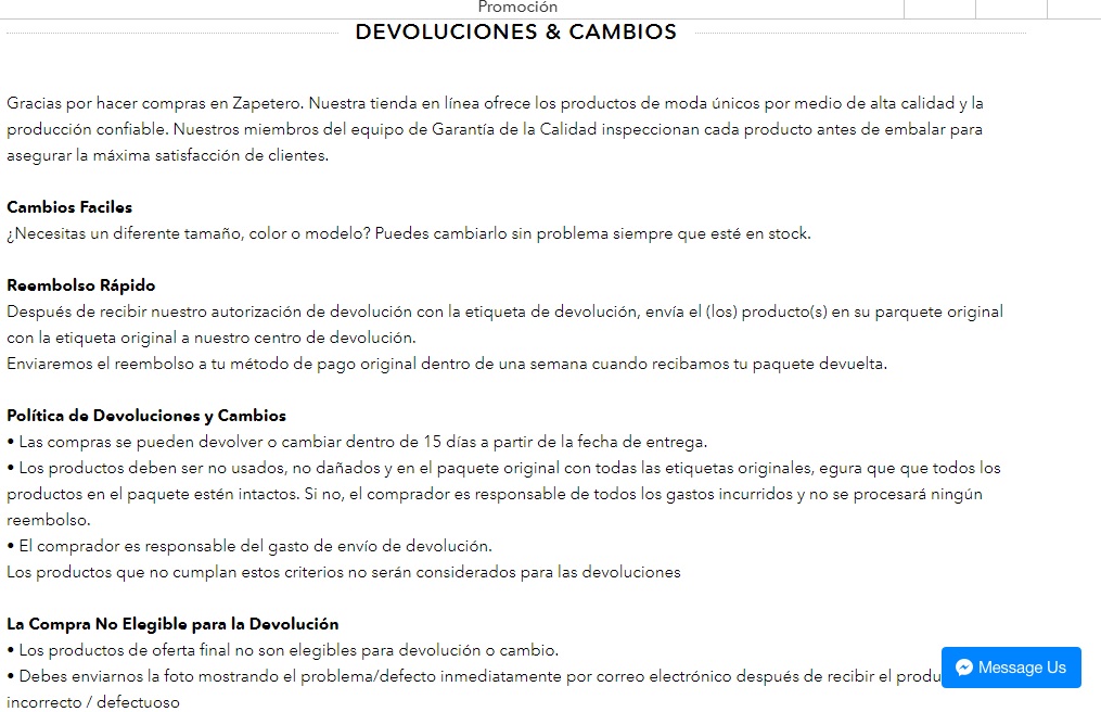 Zapetero Devoluciones y Cambios