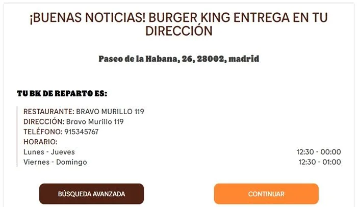 Zonas reparto Burger King a domicilio Chamartin Madrid